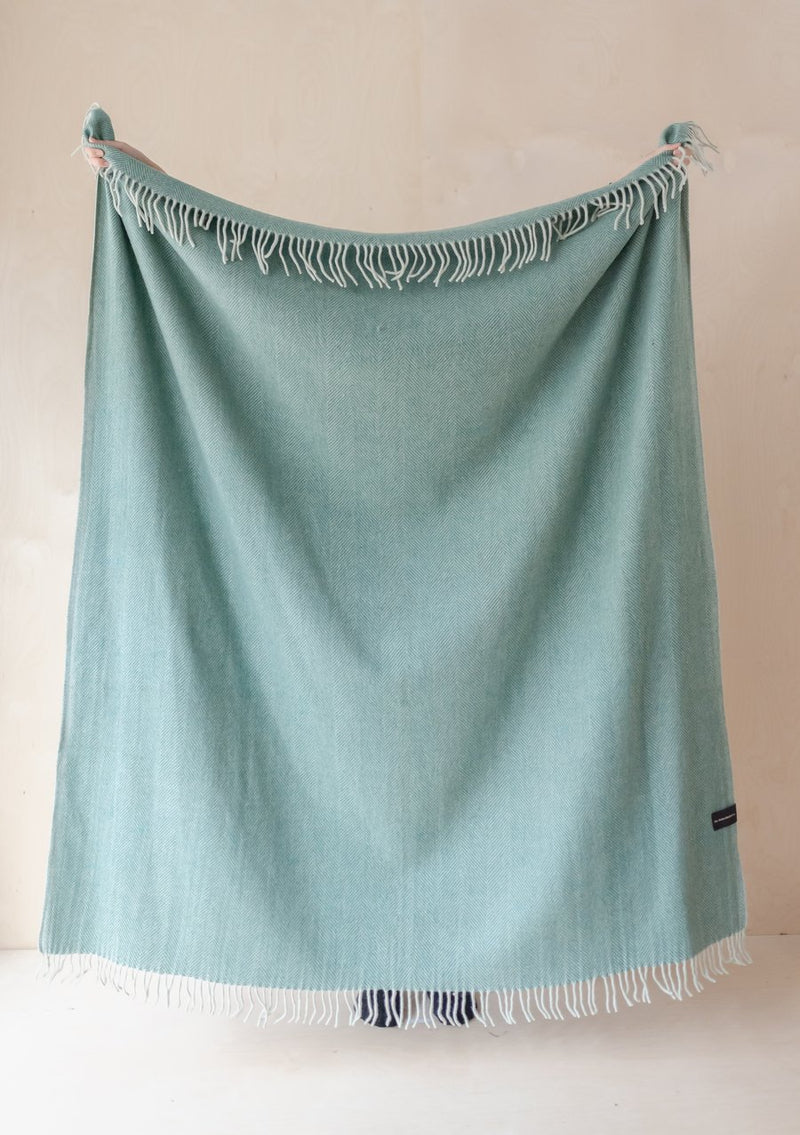Recycled Wool Full Blanket - Pistachio Green Herringbone, The Tartan Blanket Co, The Clean Market  